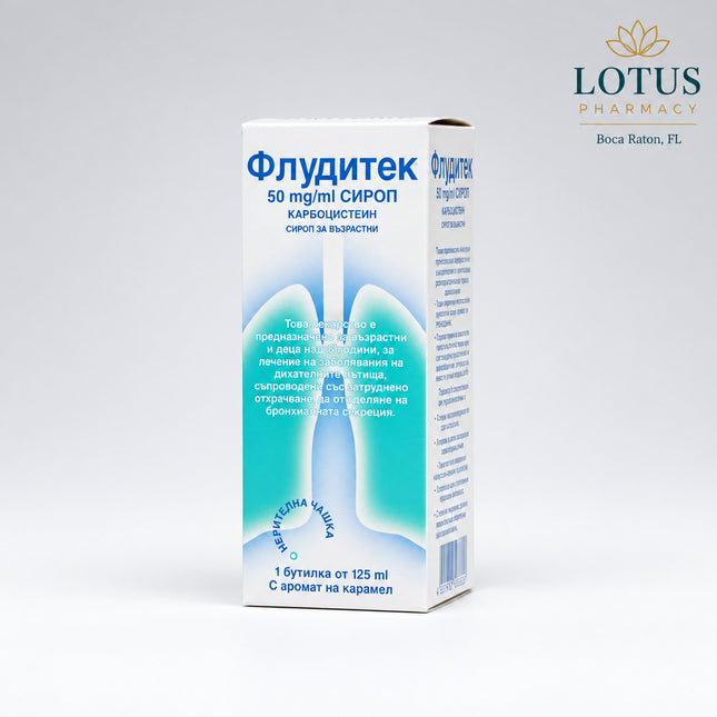 Fluditec 50 mg/ml Syrup is a mucolytic (expectorant) medication containing carbocisteine, used to reduce the thickness of mucus in the respiratory tract and make coughing more productive. It is indicated for conditions with difficult-to-clear phlegm, such as bronchitis and respiratory infections.