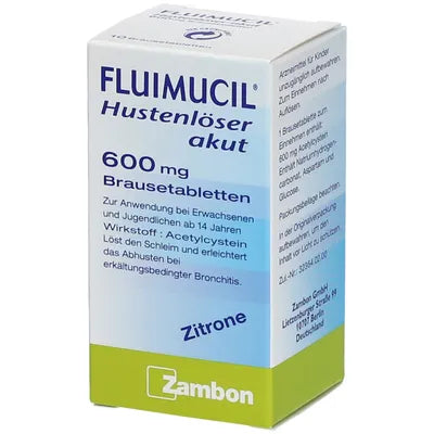 Fluimucil cough suppressant packaging with Zambon logo on a white background