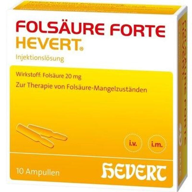 Yellow box of Folsäure Forte Hevert with red and white text