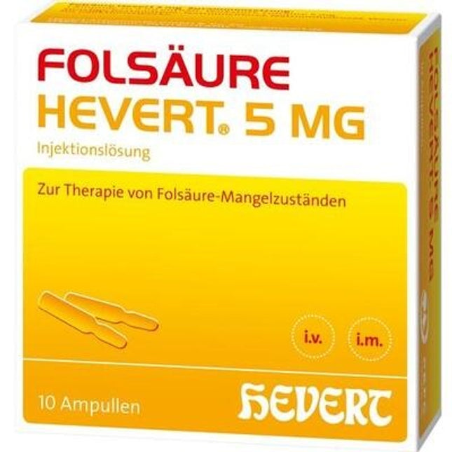 Yellow and red packaging of Folsäure Hevert 5 MG with medical text and branding.