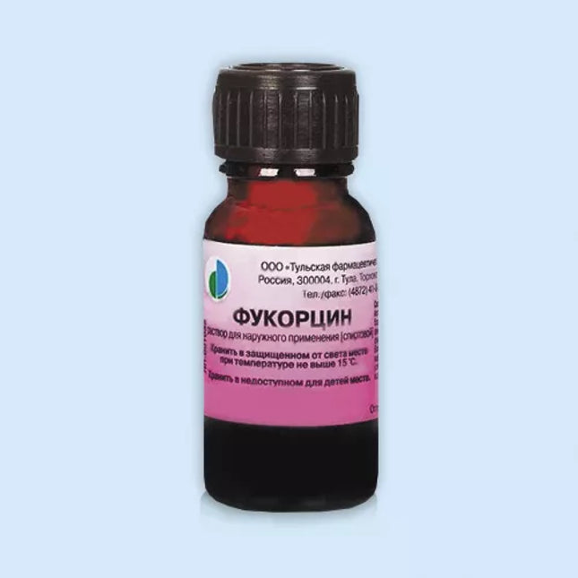 A bottle of FUCORCIN 25ML medical solution with a pink label on it, primarily used for treating minor cuts, scrapes, and burns.