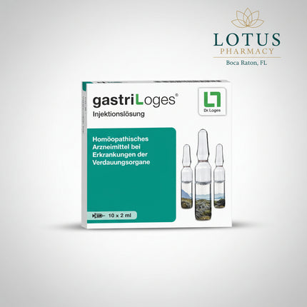 gastriLoges® Injektionslösung is a German homeopathic injectable medicinal product from Dr. Loges. Its official German indication is the improvement of stomach complaints, based on the homeopathic remedy profiles of its active ingredients.

The formula combines three homeopathic active ingredients: Nux vomica D6, Carbo vegetabilis D8, and Colocynthis D8. Each single-dose ampoule contains 2 mL of injection solution.