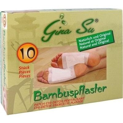 Box of Gina Su bamboo foot patches with a picture of feet wearing the patches.