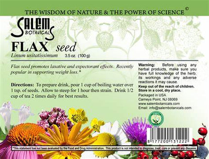 Salem Botanicals Flax seed packaging with floral design and text.