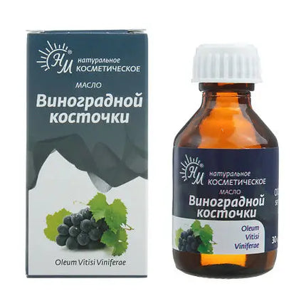 Bottle and box of grape seed oil with Russian text on a white background