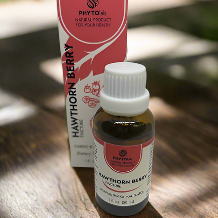 Bottle and box of PhytoLab Hawthorn Berry on a wooden surface