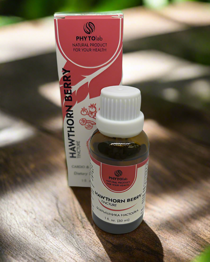 Bottle and box of PhytoLab Hawthorn Berry on a wooden surface