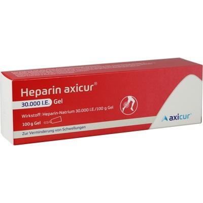 Red and white box of Heparin axicur Gel with Axitur branding on a white background