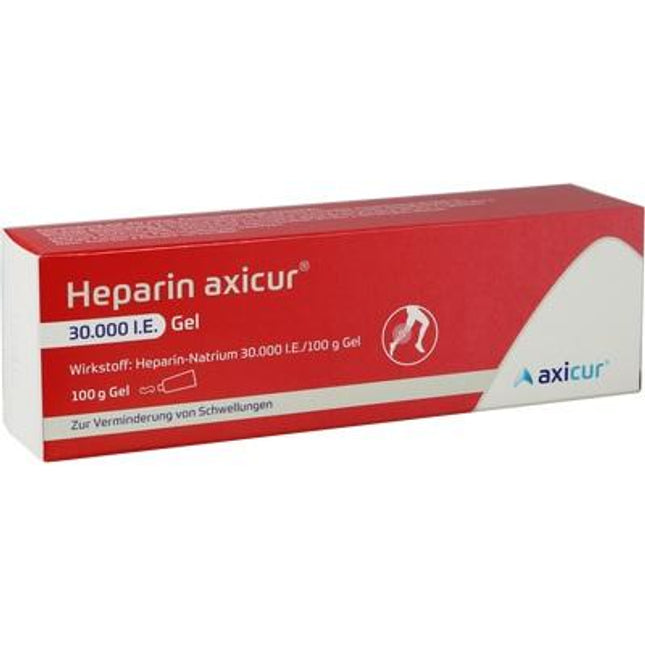 Red and white box of Heparin axicur Gel with Axitur branding on a white background