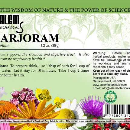 Salem Botanical Marjoram herb packaging with floral design and text on a green background