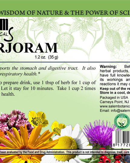 Salem Botanical Marjoram herb packaging with floral design and text on a green background