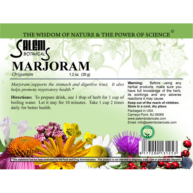 Salem Botanical Marjoram herb packaging with floral design and text on a green background