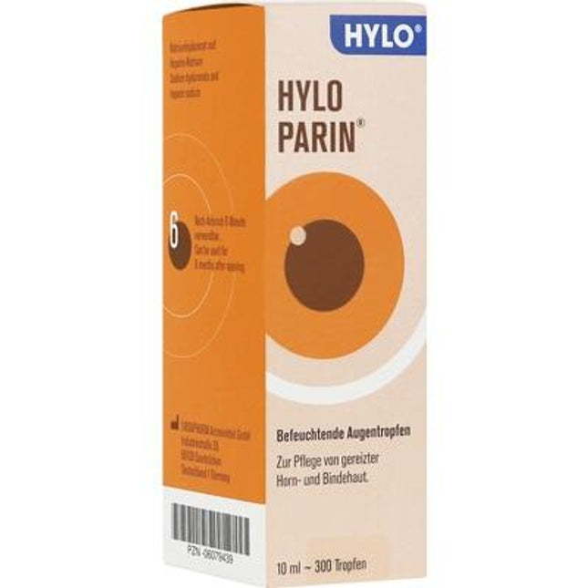 Box of Hylo Parin eye drops with orange and beige design on a white background