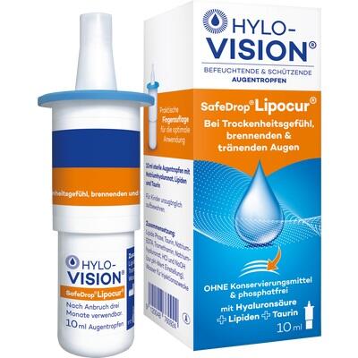 Hylo-Vision SafeDrop Lipocur eye drop container and packaging on a white background