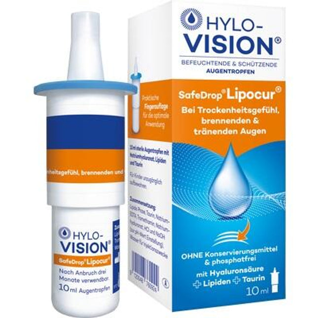 Hylo-Vision SafeDrop Lipocur eye drop container and packaging on a white background