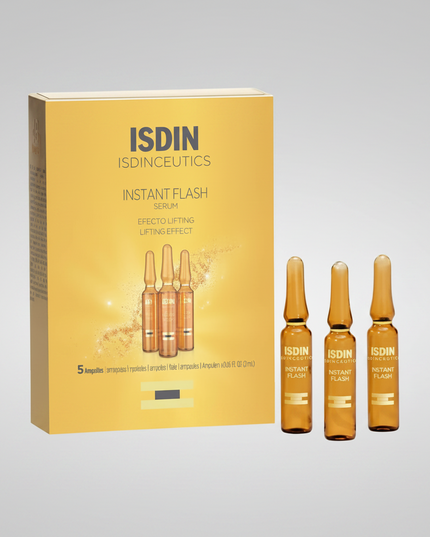 ISDIN Isdinceutics Instant Flash is an&nbsp;advanced firming and lifting facial serum presented in single-use ampoules, designed to provide an immediate tightening and smoothing effect. The formula helps improve skin firmness, reduce the appearance of expression lines, and restore a refreshed, energized look.