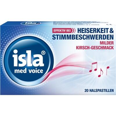 Isla med voice packaging with blue and white design on a white background