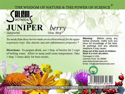 Salem Botanicals Juniper berry label with herbal imagery and text.