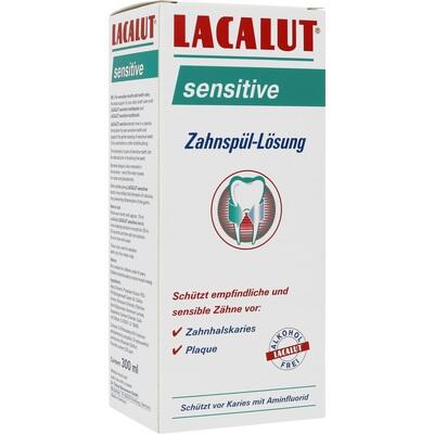 Lacalut sensitive dental rinse solution packaging on a white background