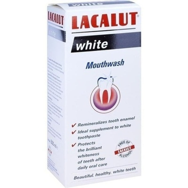 Lacalut white mouthwash packaging on a white background