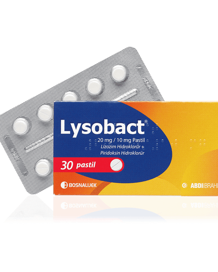Lysobact pastilles packaging with tablets on a clear background