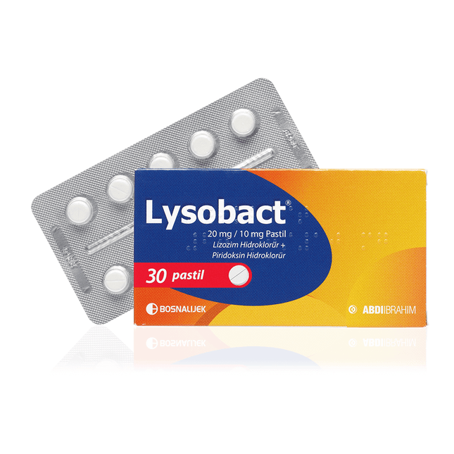 Lysobact pastilles packaging with tablets on a clear background
