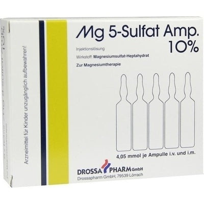 Box of Mg 5-Sulfat Amp. 10% with ampoules and Drossa Pharm branding.