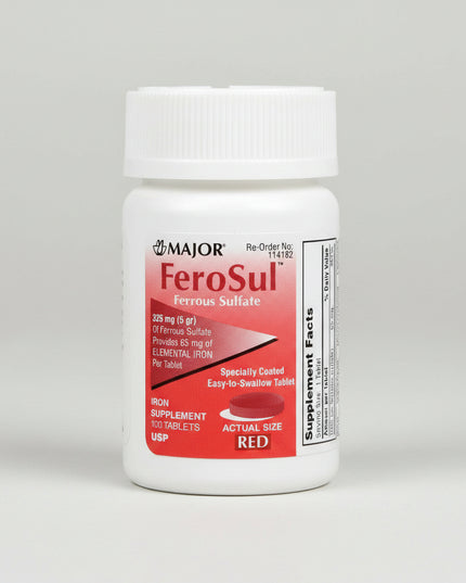 major ferosul, ferrous sulfate 325 mg, iron supplement, 65 mg elemental iron, iron deficiency, iron deficiency anemia, red blood cell support, hemoglobin support, ferrous sulfate tablets, iron tablets, mineral supplement