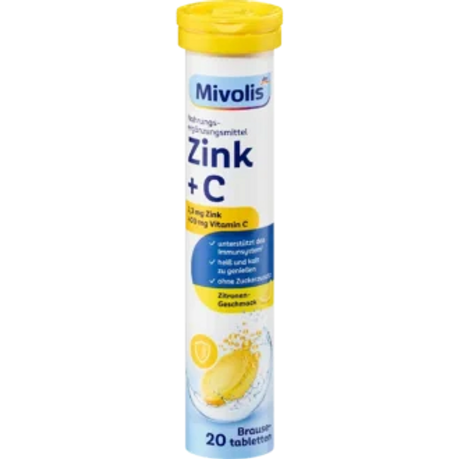 Mivolis Zinc + C supplement bottle on a white background