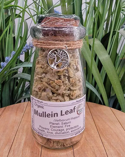Glass jar labeled 'Mullein Leaf' with a tree of life symbol on a wooden surface with plants in the background.