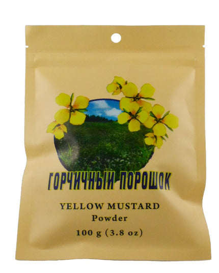 Yellow mustard powder package with flowers on a beige background