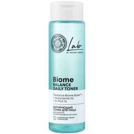 Biome Balance Daily Toner bottle with a white cap on a light blue background
