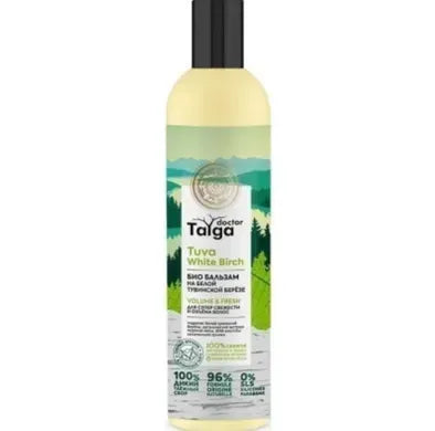 Bottle of Doctor Talga Tuva White Birch hair balm on a white background