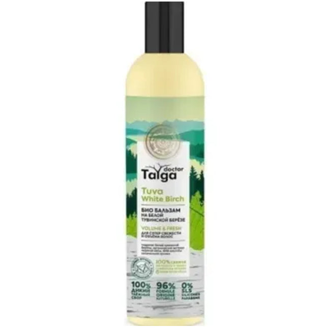 Bottle of Doctor Talga Tuva White Birch hair balm on a white background