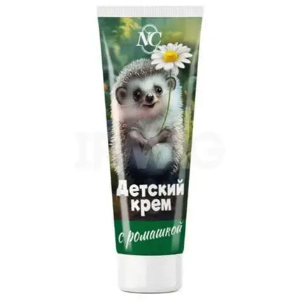 Tube of children's cream with a hedgehog and flower design on a white background