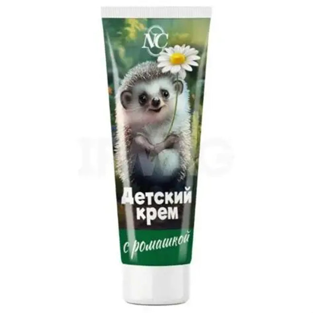 Tube of children's cream with a hedgehog and flower design on a white background