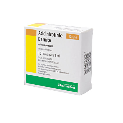 Box of Acid nicotinic-Darnita with yellow, green, and white design on a white background