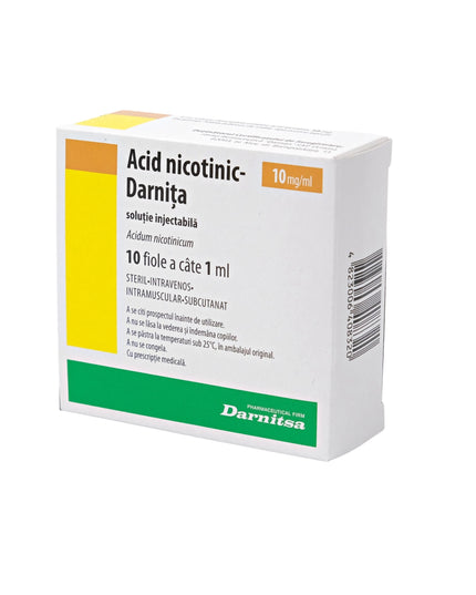 Box of Acid nicotinic-Darnita with yellow, green, and white design on a white background