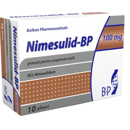 Box of Nimesulid-BP medication from Balkan Pharmaceuticals on a white background