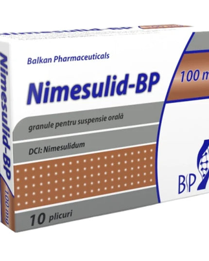 Box of Nimesulid-BP medication from Balkan Pharmaceuticals on a white background