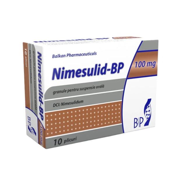 Box of Nimesulid-BP medication from Balkan Pharmaceuticals on a white background