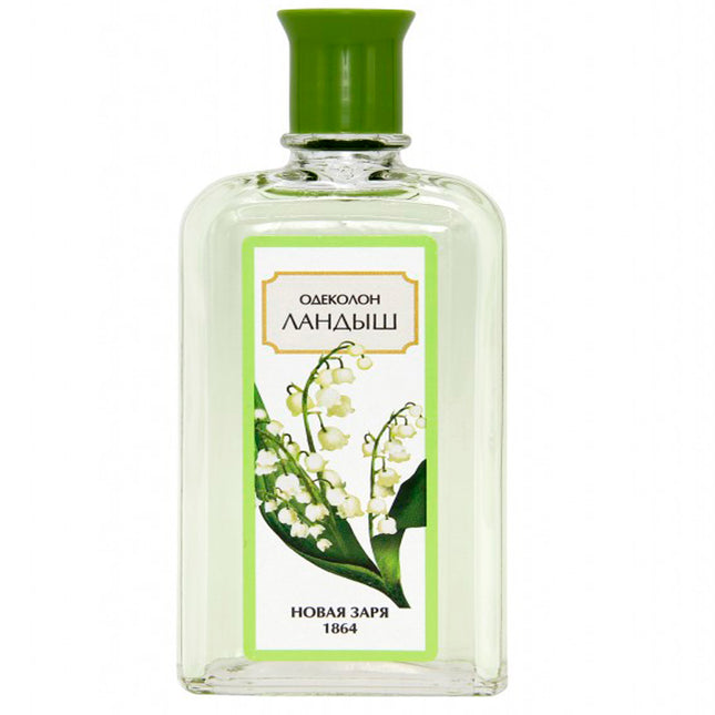 Perfume bottle with a green cap and label featuring floral design on a white background