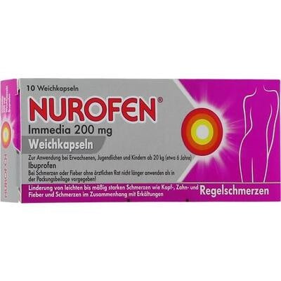 Nurofen Immedia 200 mg pain relief capsules packaging on a white background