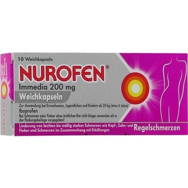 Nurofen Immedia 200 mg pain relief capsules packaging on a white background
