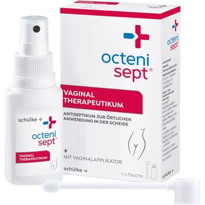 Octeni Sept vaginal therapeutic product with spray bottle and packaging on a white background