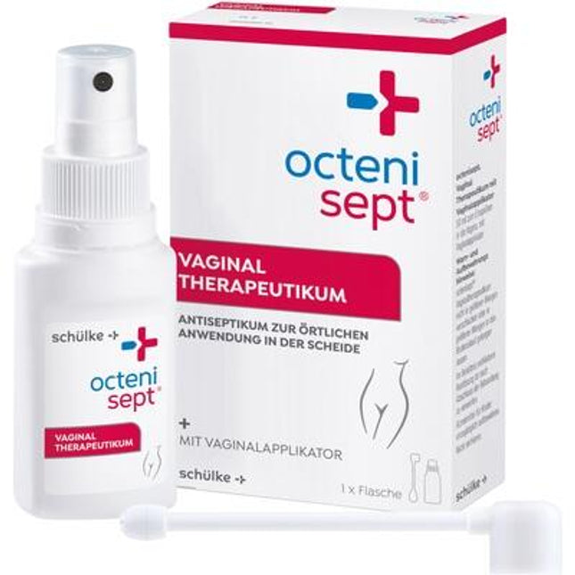 Octeni Sept vaginal therapeutic product with spray bottle and packaging on a white background