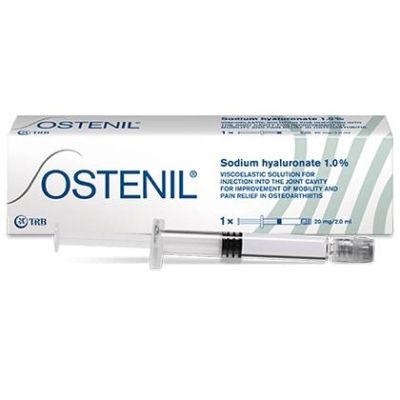 Ostenil sodium hyaluronate solution packaging with syringe on a white background
