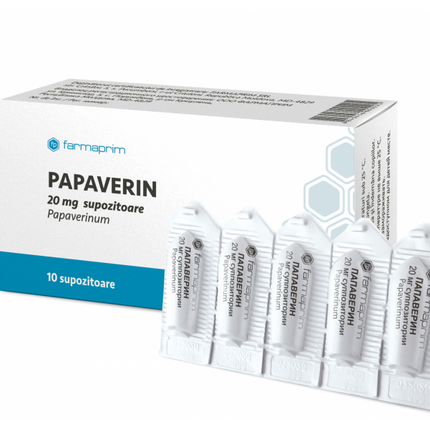 Box of Papaverin suppositories with multiple packets on a white background