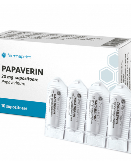 Box of Papaverin suppositories with multiple packets on a white background