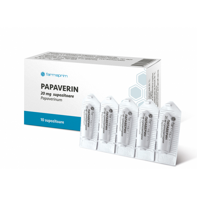 Box of Papaverin suppositories with multiple packets on a white background
